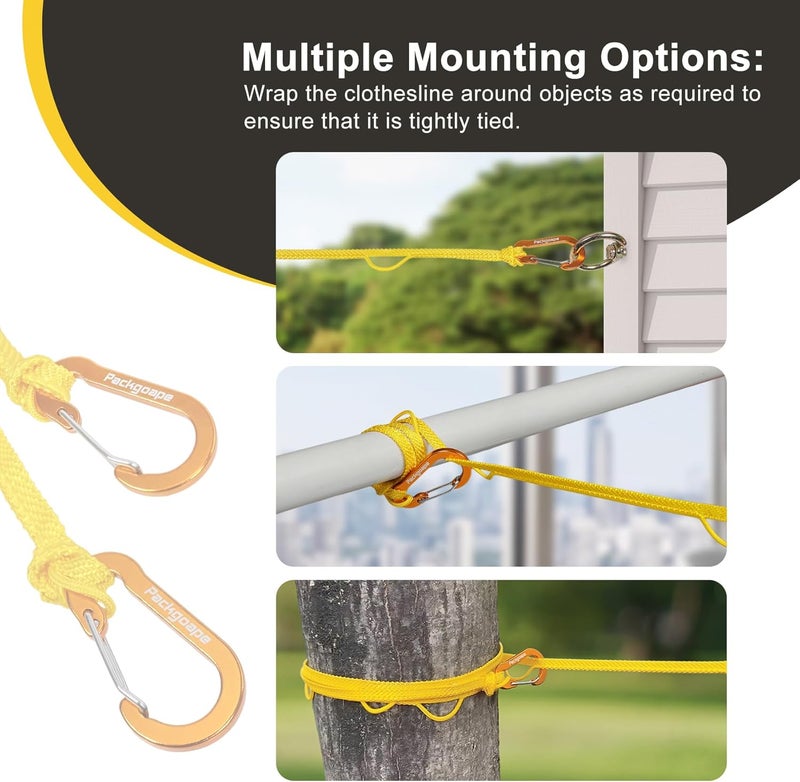 Packgoape Portable Travel Clothesline, Windproof Clothes Laundry Line with Clothespins & Hang Holes, Indoor & Outdoor Clothes Drying Rope for Hotel, Backyard,Cruise Ships, Camping (Yellow, 16 Ft) - Image 4